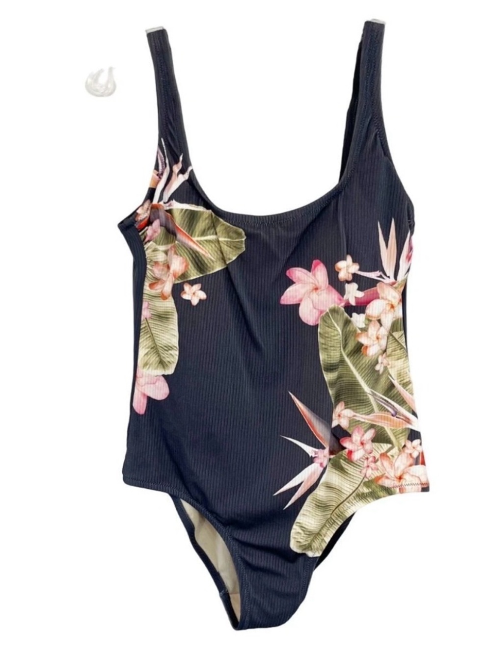 Kona Sol grey tropical One-Piece Swimsuit with Pink Floral & Green Leaves L